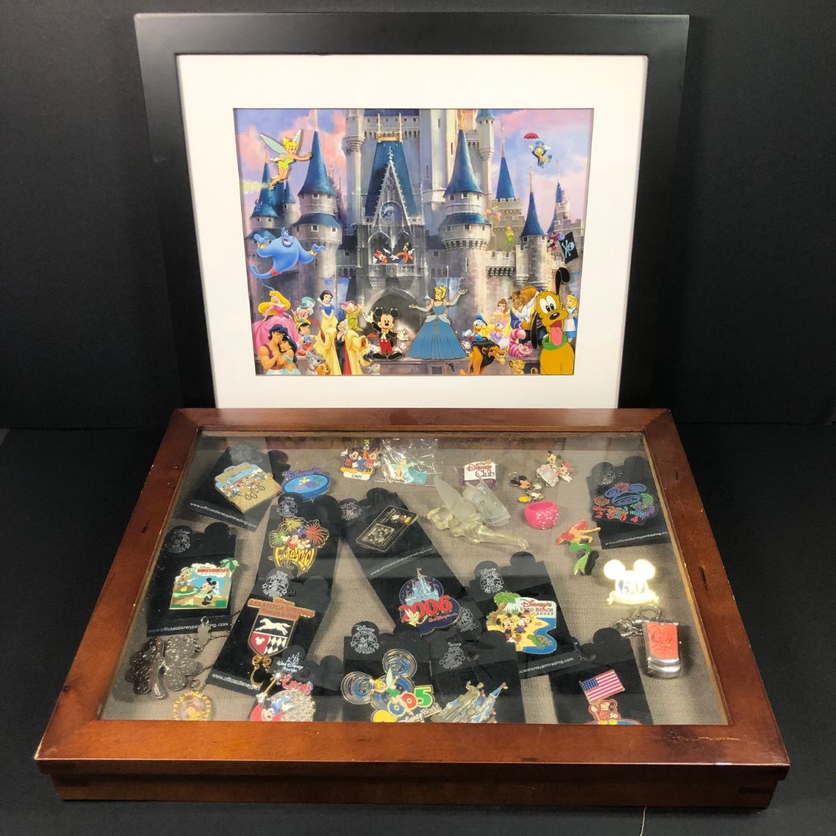 LOT 256M Disney Pin Trading Collection Shadow box, Pins w/ OG Packaging & Framed Pin Castle