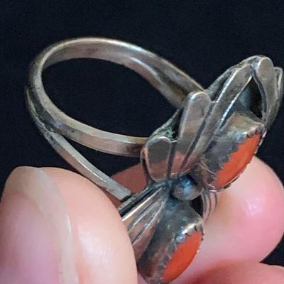 Southwestern Style Sterling Ring & Double Coral Shadowbox Ring (MB-HS)