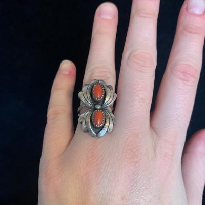 Southwestern Style Sterling Ring & Double Coral Shadowbox Ring (MB-HS)
