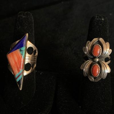 Southwestern Style Sterling Ring & Double Coral Shadowbox Ring (MB-HS)