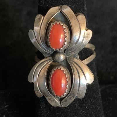 Southwestern Style Sterling Ring & Double Coral Shadowbox Ring (MB-HS)