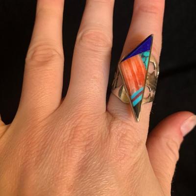 Southwestern Style Sterling Ring & Double Coral Shadowbox Ring (MB-HS)