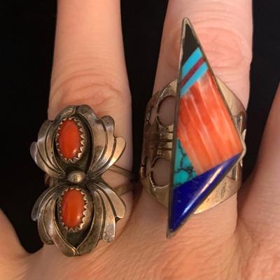 Southwestern Style Sterling Ring & Double Coral Shadowbox Ring (MB-HS)