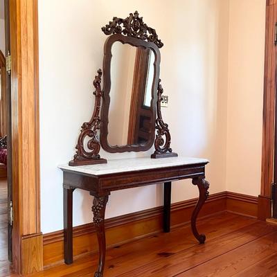 Vtg. Solid Mahogany Marble Top Vanity/Desk ~ With Attached Mirror