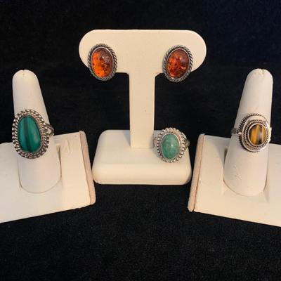 Tiger Eye Poison Ring plus Turquoise, Amber, & Malachite Sterling Jewelry (MB-HS)