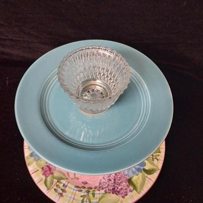 REPURPOSED DISHES SERVING CENTER AND A GLASS PEDESTAL FRUIT BOWL