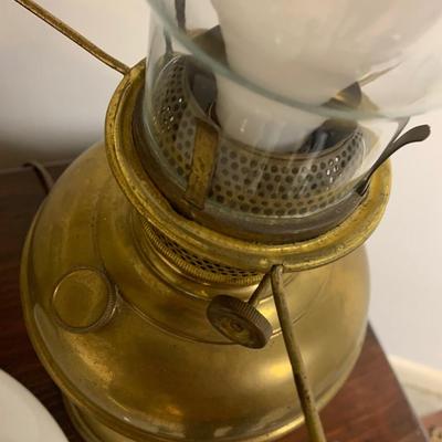 Vintage Electrified Brass Glass Shade Large Oil Lamp