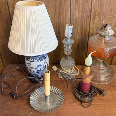 Vintage Lamps Lot - Oil Lamp, Wired Candle, Glass, Porcelain
