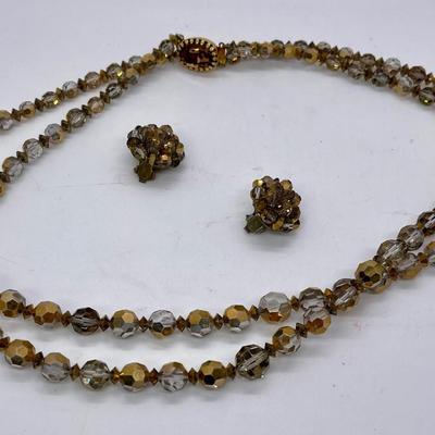 Vintage Double strand Rhinestone Necklace with Clip-on Earrings