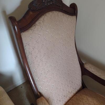 Vintage Goose Neck Wood Framed Rocking Chair Brown Upholstery