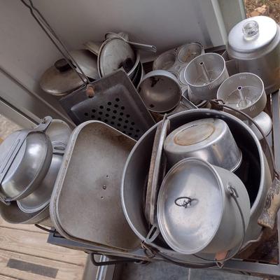 Collection of Vintage Aluminum Pots, Pans, Camping Cook Set, Coffee Percolator, Campfire Popcorn Popper and More