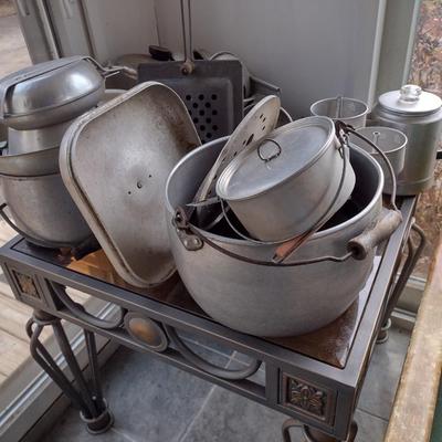 Collection of Vintage Aluminum Pots, Pans, Camping Cook Set, Coffee Percolator, Campfire Popcorn Popper and More