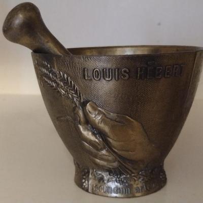 Vintage Heavy Brass Mortar and Pestle Honoring Louis Hebert