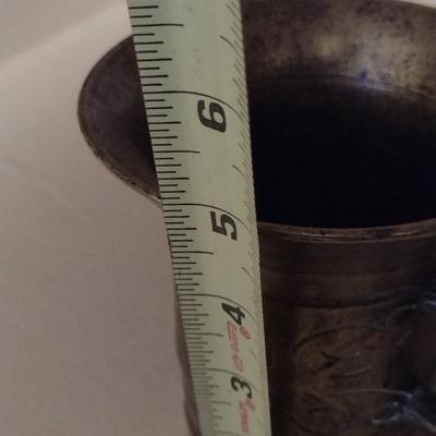 Antique Heavy Brass Mortar and Double Ended Pestle with Incised Scroll Accents