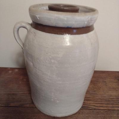 Salt Glazed Pottery #3 Butter Churn Crock with Hand Painted Lid and Neck