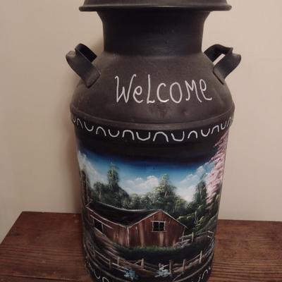 Vintage Metal Dairy Milk Can Hand Painted Barn Art Signed by Scilla R.