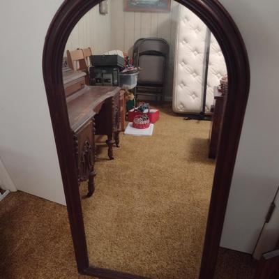 Vintage Wood Framed Arch Top Wall Mirror
