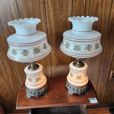 Pair Vintage Table Hurricane Lamps 3 way Lights Milk Glass