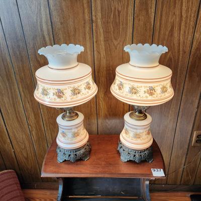 Pair Vintage Table Hurricane Lamps 3 way Lights Milk Glass