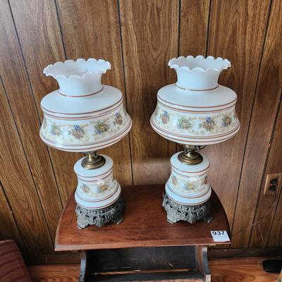 Pair Vintage Table Hurricane Lamps 3 way Lights Milk Glass