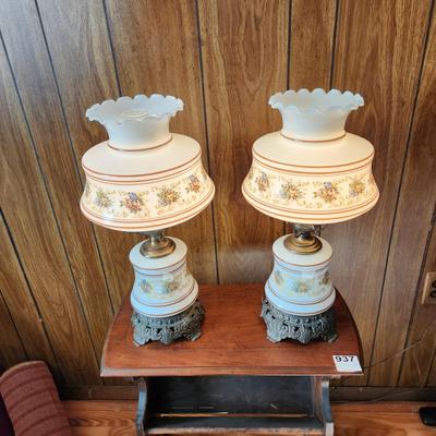 Pair Vintage Table Hurricane Lamps 3 way Lights Milk Glass