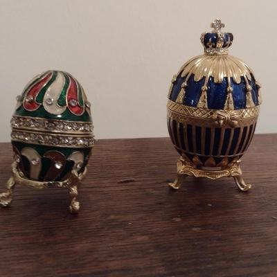 Pair of Faberge Style Metal and Enamel Decorative Trinket Boxes