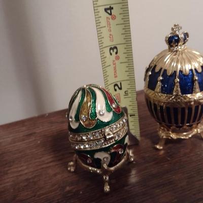 Pair of Faberge Style Metal and Enamel Decorative Trinket Boxes