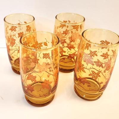 Lot #16  Set of 4 Vintage Amber Fall Leaves Drinking Glasses