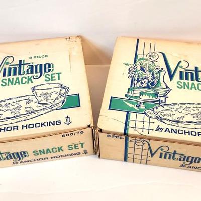 Lot #25  Set of 2 Vintage Anchor Hocking Snack Sets in Original Box