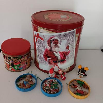 Christmas tins with Christmas Ornaments and vintage metal Christmas ruler