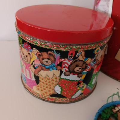 Christmas tins with Christmas Ornaments and vintage metal Christmas ruler
