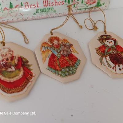Christmas tins with Christmas Ornaments and vintage metal Christmas ruler