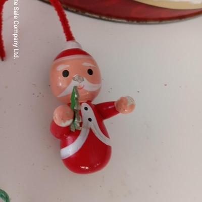 Christmas tins with Christmas Ornaments and vintage metal Christmas ruler