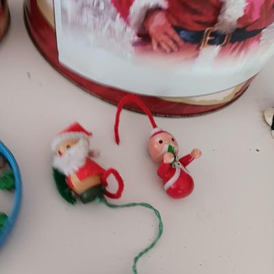 Christmas tins with Christmas Ornaments and vintage metal Christmas ruler