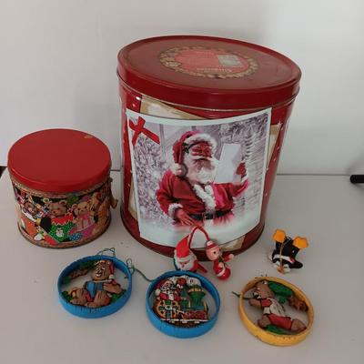 Christmas tins with Christmas Ornaments and vintage metal Christmas ruler