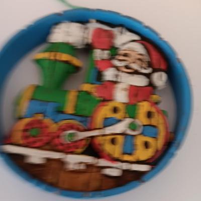 Christmas tins with Christmas Ornaments and vintage metal Christmas ruler