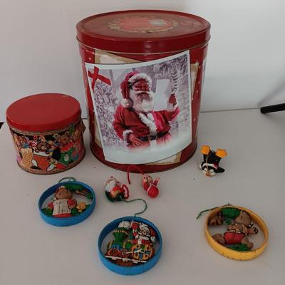 Christmas tins with Christmas Ornaments and vintage metal Christmas ruler