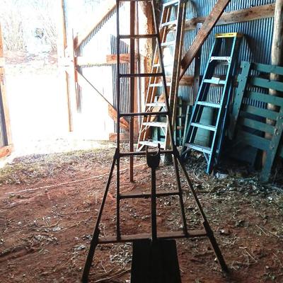 8 Foot antique orchard ladder with antique wooden handled shovel