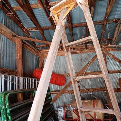 8 Foot antique orchard ladder with antique wooden handled shovel