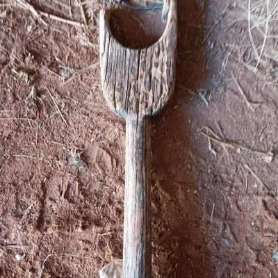 8 Foot antique orchard ladder with antique wooden handled shovel