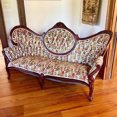 **Project Piece** ~ CAPITOL FURNITURE ~ Carved Victorian Style Mahogany Tufted Floral Upholstered Sofa ~ *Read Details