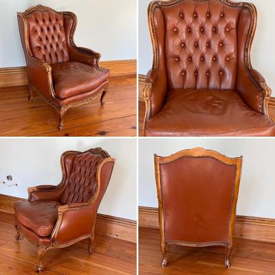 Vtg. Pair (2) ~ Leather French Provincial Wingback Armchairs ~ With Nailhead Trim ~ *Read Details
