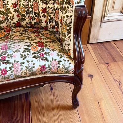 **Project Piece** ~ CAPITOL VICTORIAN FURNITURE ~ Carved Victorian Style Mahogany Tufted Floral Upholstered Love Seat ~ *Read Details