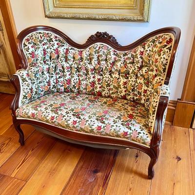 **Project Piece** ~ CAPITOL VICTORIAN FURNITURE ~ Carved Victorian Style Mahogany Tufted Floral Upholstered Love Seat ~ *Read Details