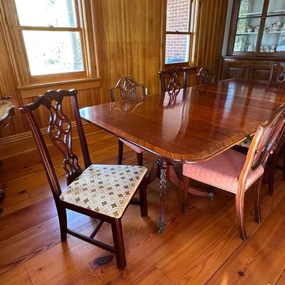 Vtg Mahogany Inlaid Double Pedestal Table & Mix Match Chairs ~ *Read Details