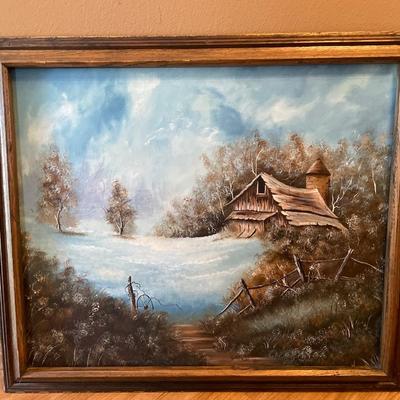 Winter barn scene signed oil painting