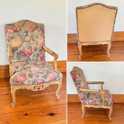 Pair (2) French Provincial Nail Head Trim Upholstered Arm Chairs ~ *Read Details