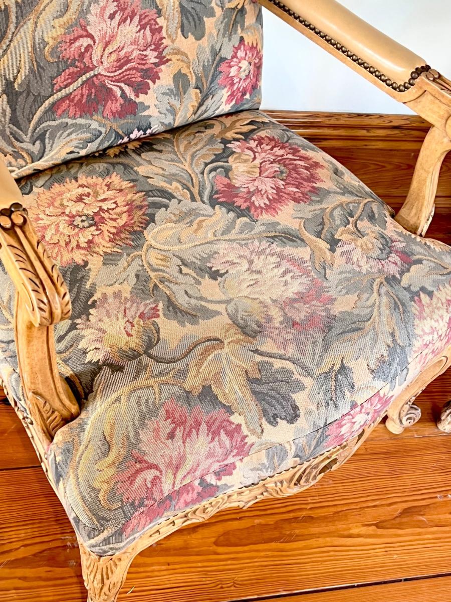 Pair (2) French Provincial Nail Head Trim Upholstered Arm Chairs