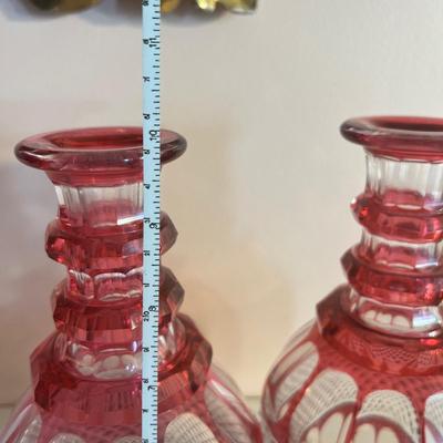 Pair Antique Cranberry Cut to Clear Crystal Liquor Decanter + Small Glass