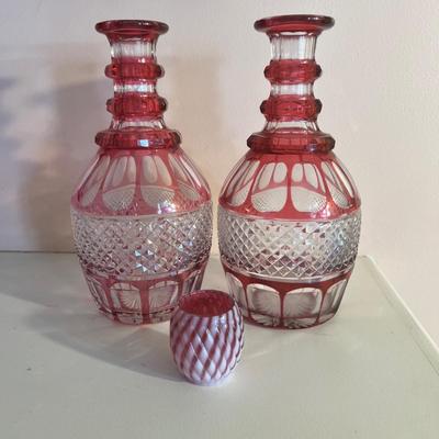 Pair Antique Cranberry Cut to Clear Crystal Liquor Decanter + Small Glass